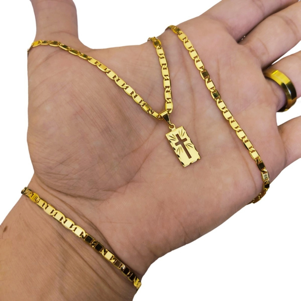 Kit Piastrine Cordão com Pingente Cruz Mais Pulseira Peça Trabalhada em Moeda Antiga
