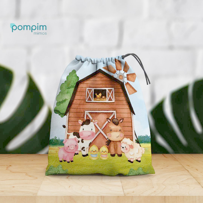 Kit Lembrancinha Sacolinha Surpresa Fazendinha de tecido personalizado, para festas e aniversários.