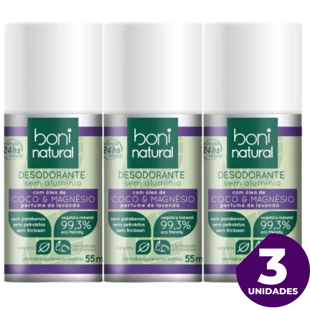 Kit 3 Desodorante Roll On Sem Aluminio Aroma Lavanda Vegetal 55ml Boni Natural
