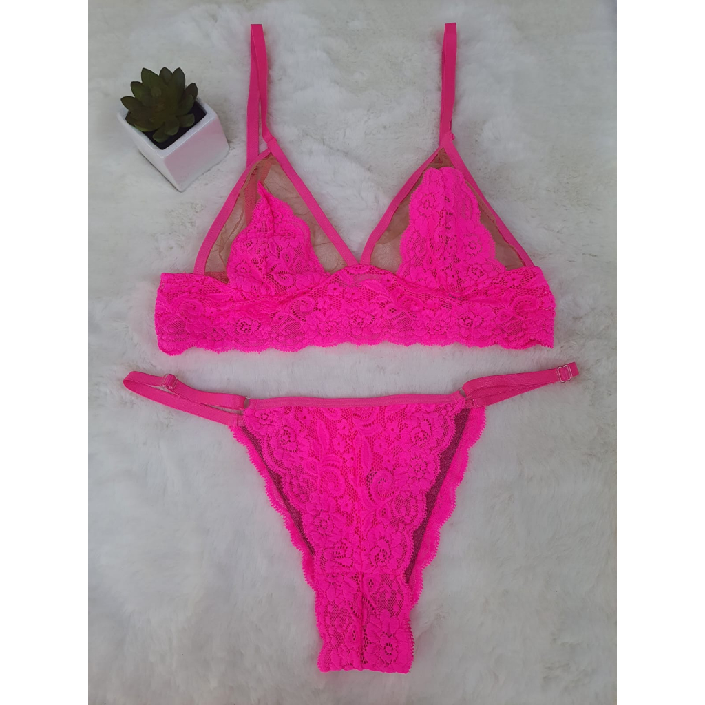 Conjunto Lingerie calcinha e sutiã sem bojo tule renda Taty