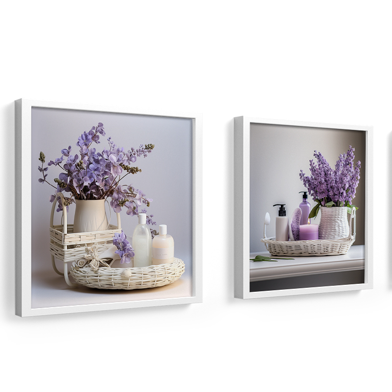 kit 2 quadros decorativos banheiro, lavabo, toalete, flores, lilás, moldura e vidro 18x18 ...