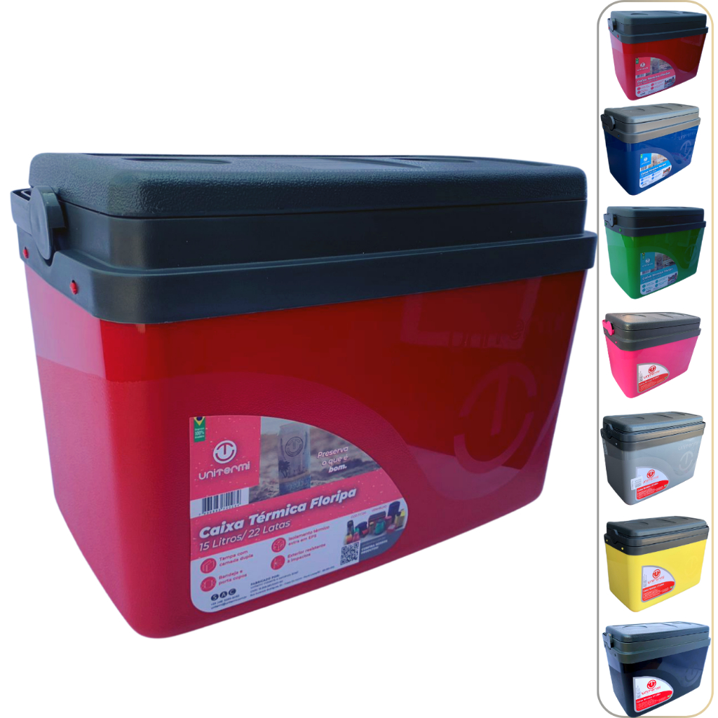 Caixa térmica Cooler 15L Alça Tampa bandeja Floripa Unitermi Cerveja Água Suco Praia Churrasco