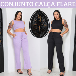 Conjunto Feminino Calça Flare e Cropped Tecido Canelado Calça Feminina Pantalona Blusa Feminina 5 Cores Preto Lilas Fucs