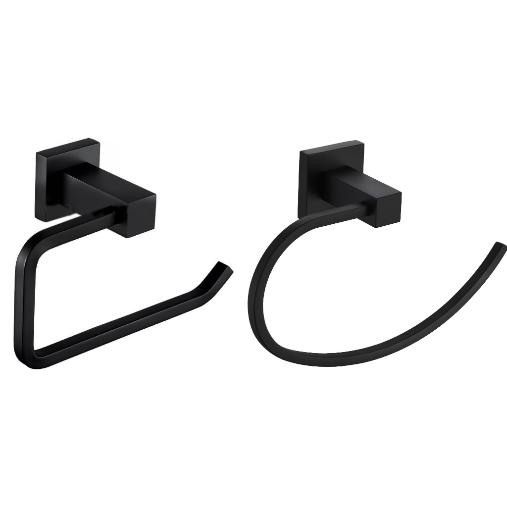 Porta Toalha de Rosto Metal Argola Black + Porta Papel Higiênico Black Metal Rolo Papeleira