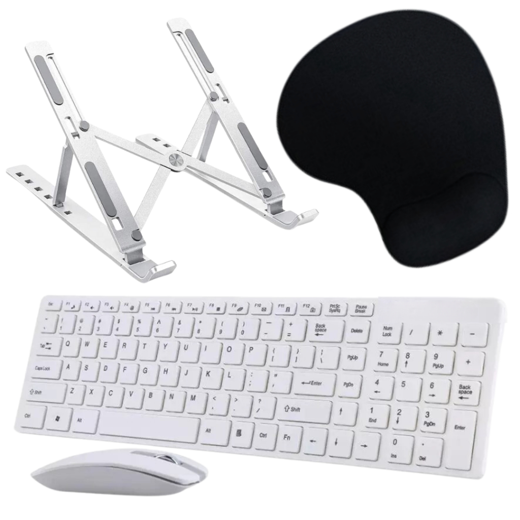 Kit Escritório para Notebook Suporte Notebook + Teclado E Mouse S/ Fio + Mouse Pad Apoio