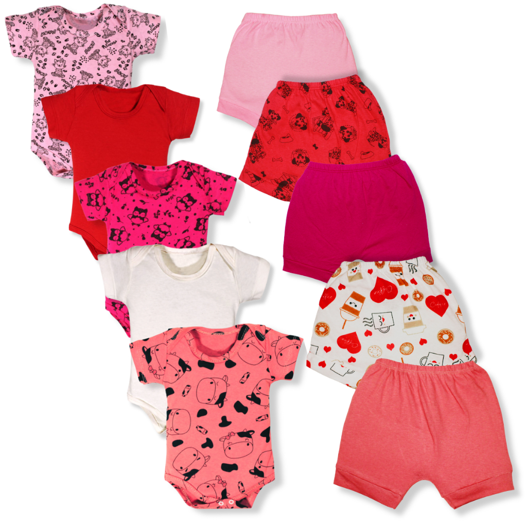Kit 10 Pçs Body E Shorts Bebe Estampado Malha 100% Algodão Menina