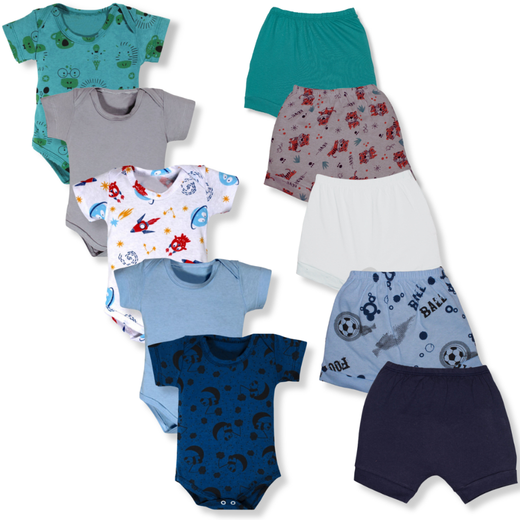 Kit 10 Pçs Body E Shorts Bebe Estampado Malha 100% Algodão Menino em Oferta na Shopee