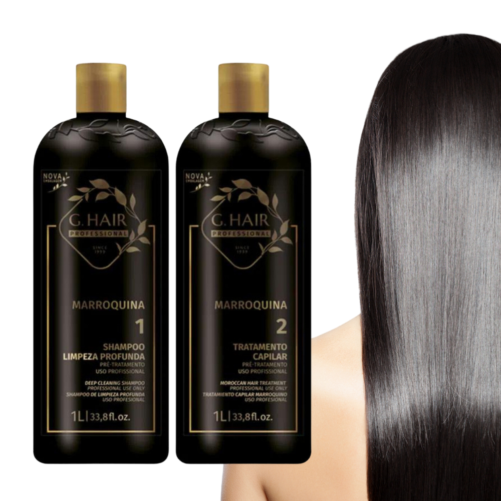 Kit Escova Progressiva Marroquina GHair 2 Passos 1 Litro Poderoso Alisamento Liso e Brilho Extremo