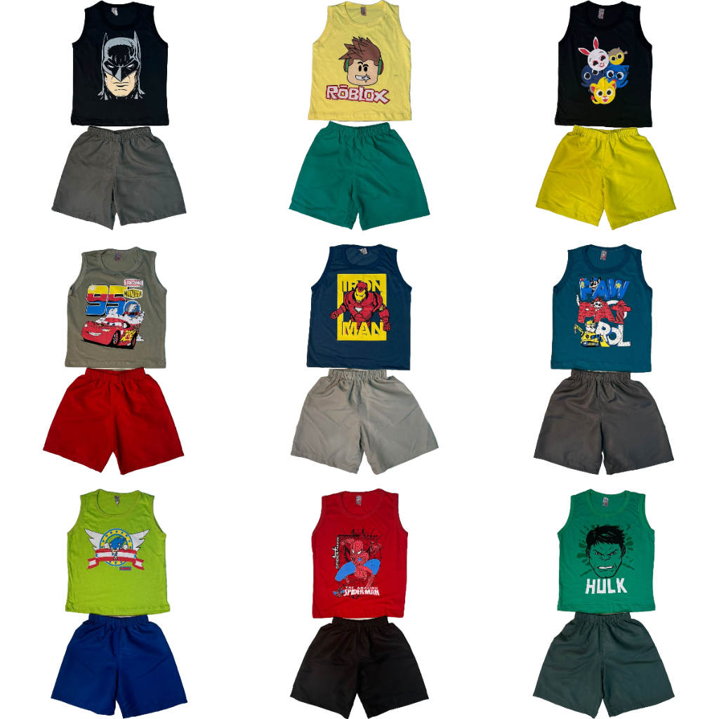 Kit Infantil Sortido 10 Peças de Roupas Menino 5 Camisetas Regata + 5 Bermudas