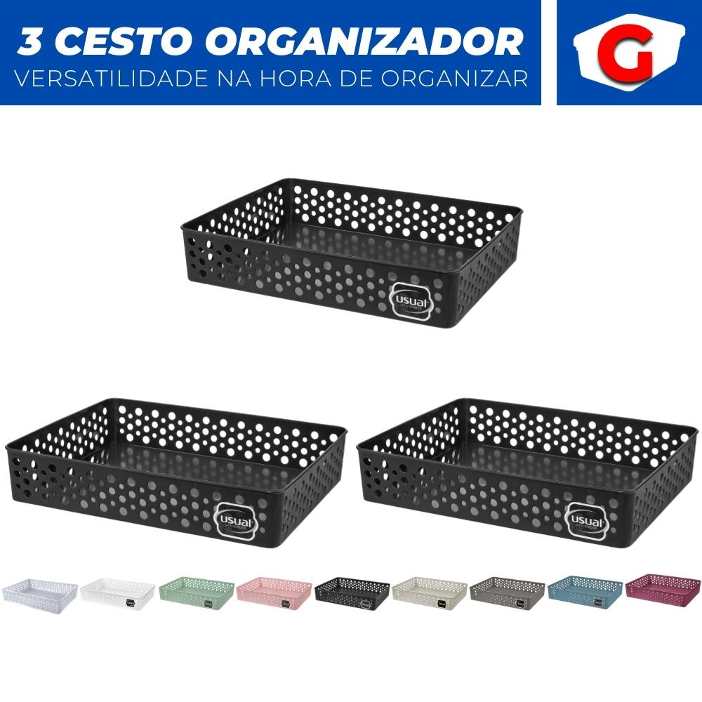 Kit 3 Cestos Organizador Trama Rattan Armario Gaveta Lavanderia G (34x25)