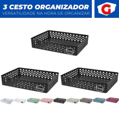 Kit 3 Cestos Organizador Trama Rattan Armario Gaveta Lavanderia G (34x25)
