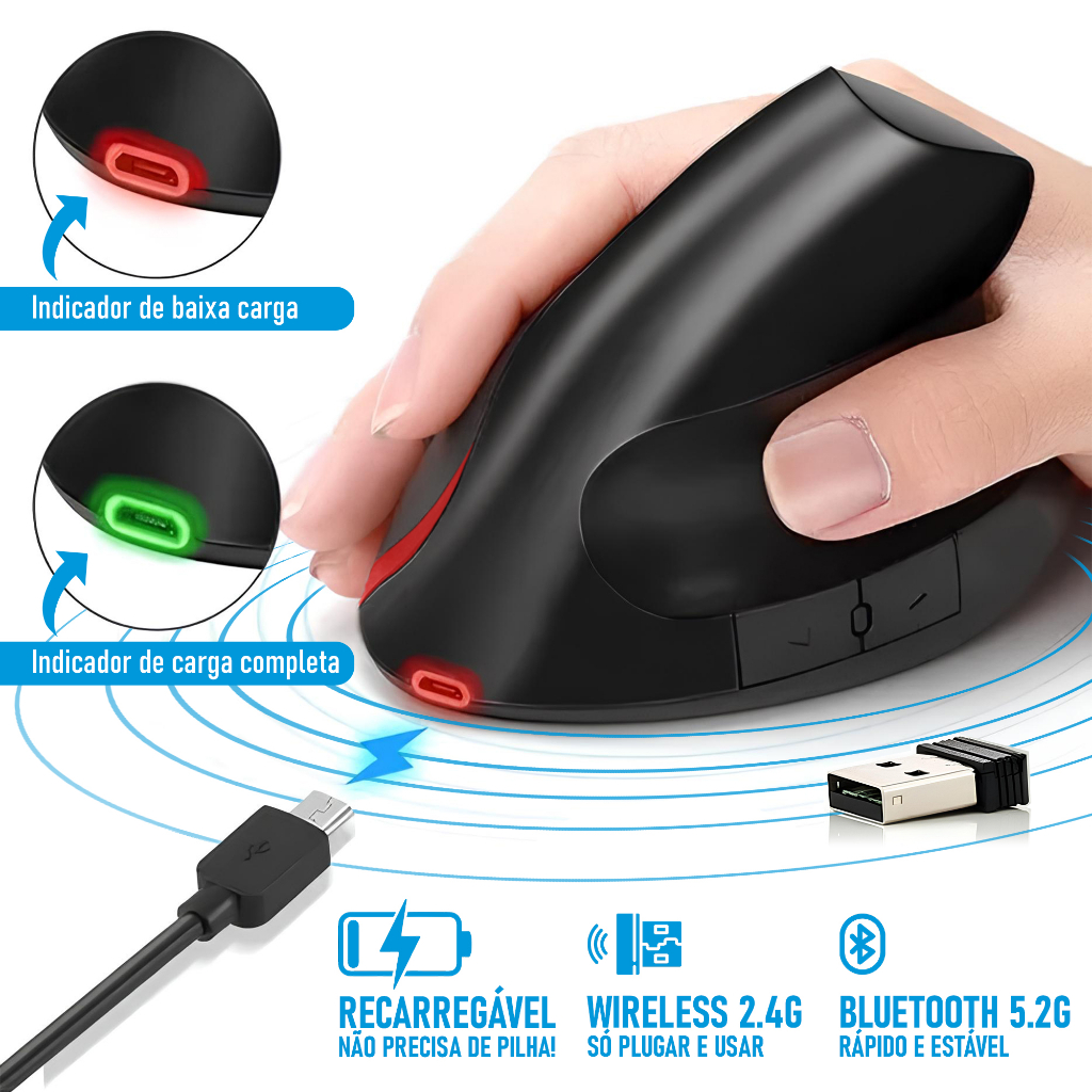 Mouse Sem Fio Bluetooth Ergonômico Vertical Recarregável Ortopédico Wireless Usb Silencioso