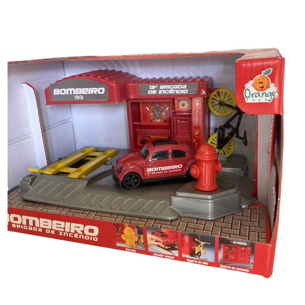 Brinquedo Posto Base De Bombeiro Miniatura Brigada de Incêndio C/ Buggy e Bicicleta - Orange Toys