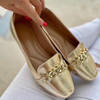 Sapatilha Mocassim Feminino Bico Quadrado Ouro Confort Casual.vipcalcadosjau
