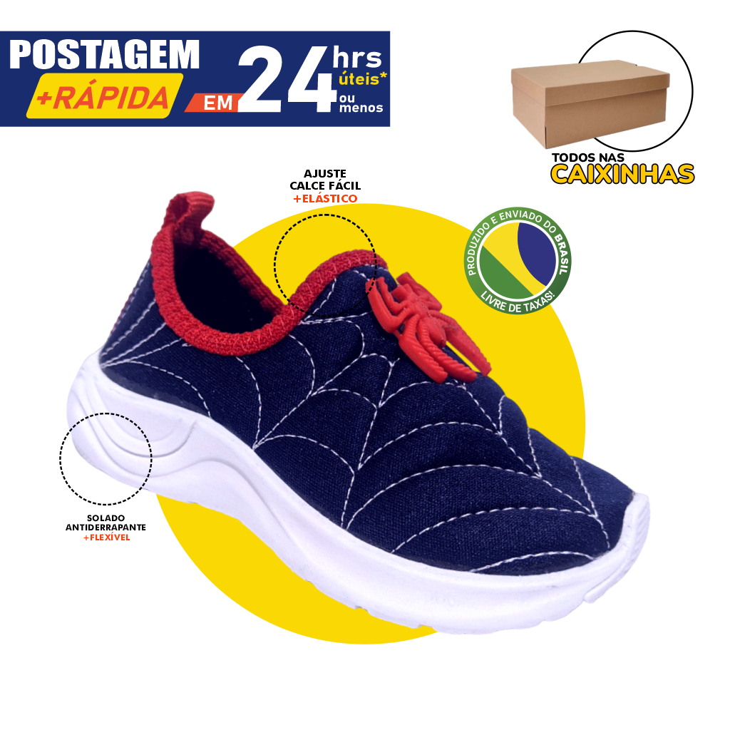 Tênis infantil Aranha Menino Calce Fácil Bordado Sem Cadarço 20-34 Emborrachado Antiderrapante Leve