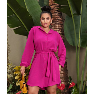 Vestido Chemise Feminino Manga Longa Com Punho e Cinto