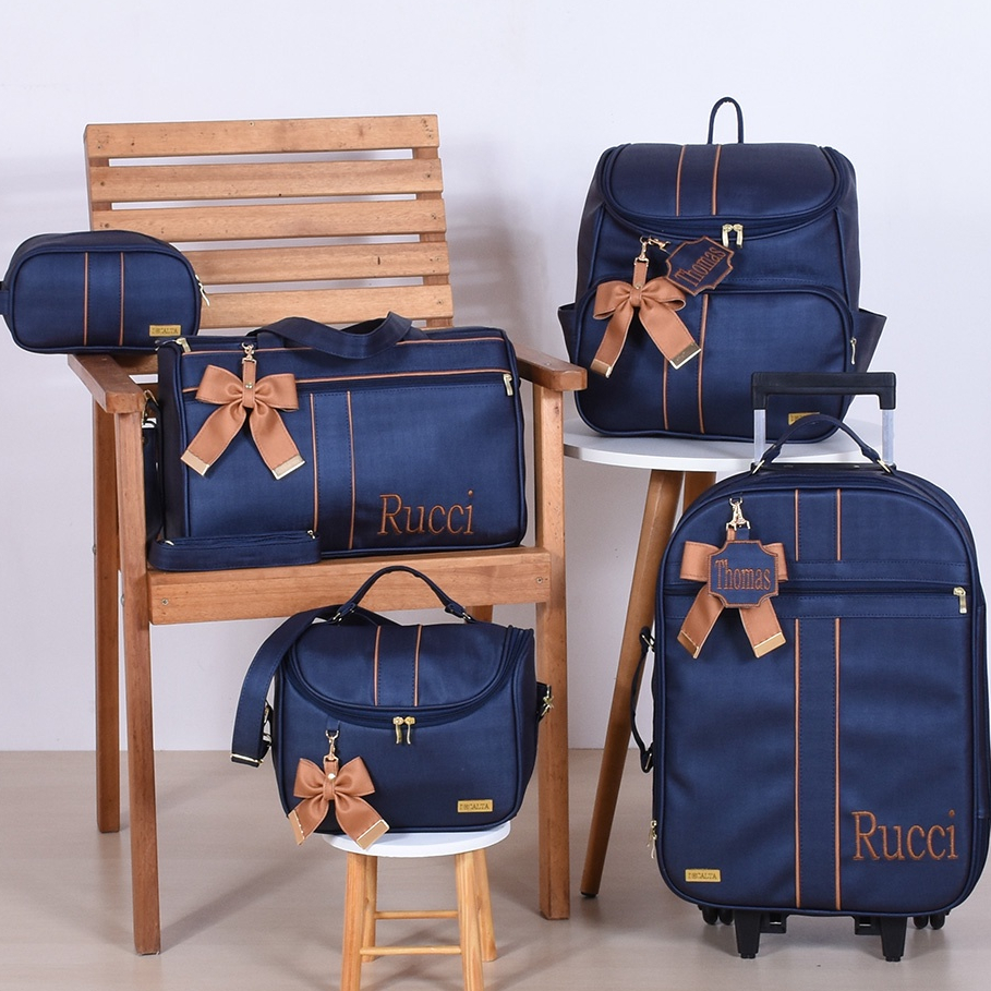 Kit Bolsa Mala Maternidade New York Marinho/Bronze - 07 Peças