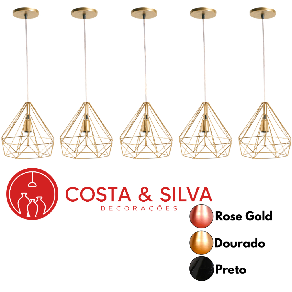 5 Pendente Lustre de Teto Luminária Diamante Aramado 3d Grande Cabo Cristal