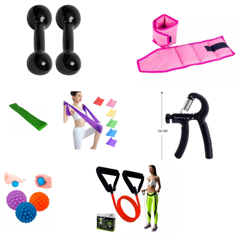 Kit Fisioterapia Completo Pares Halter E Caneleira 1kg+ Elásticos + Handgrip + Bolinha