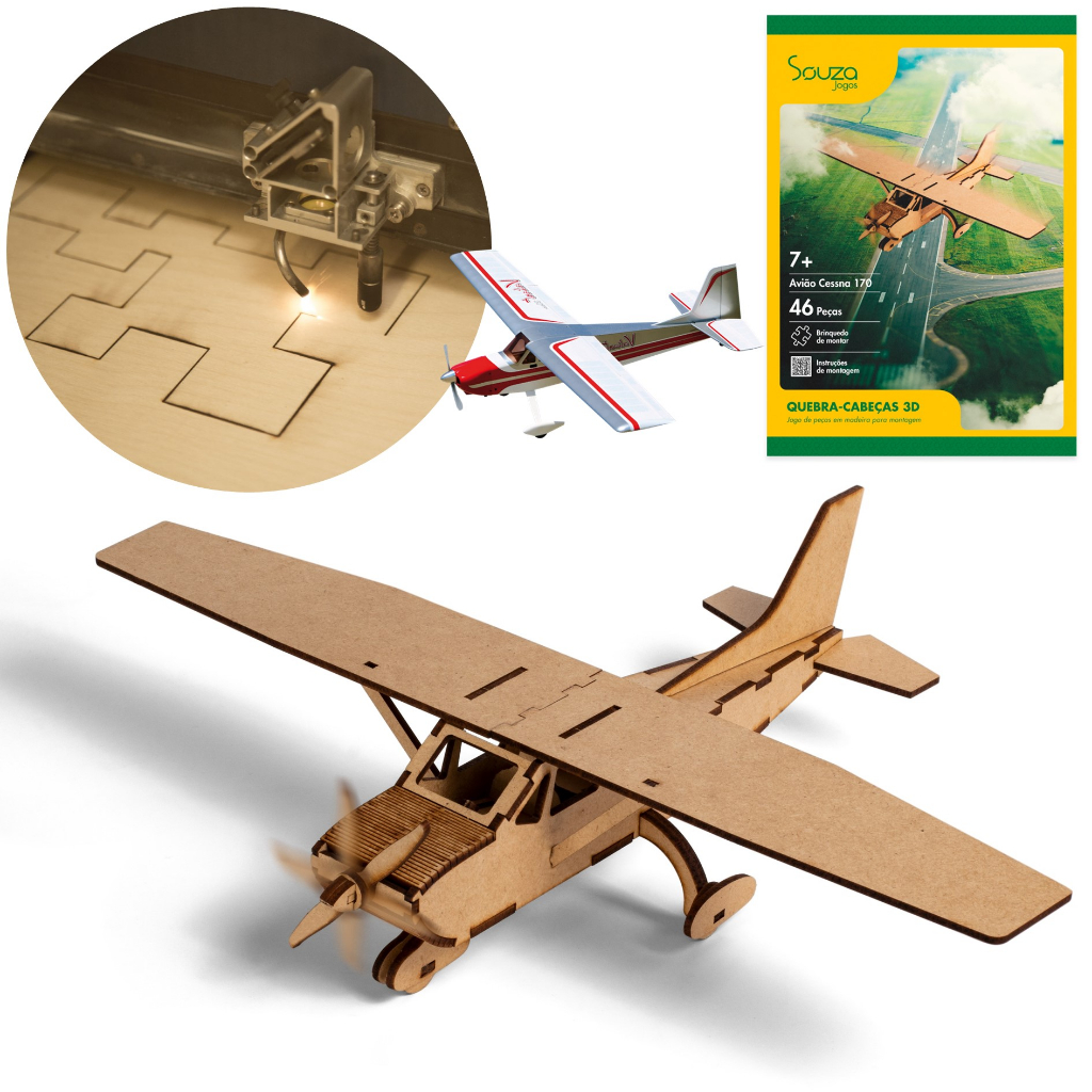Quebra-cabeça 3d Aviao De Helice Cessna 170 - 49 Peças Mdf