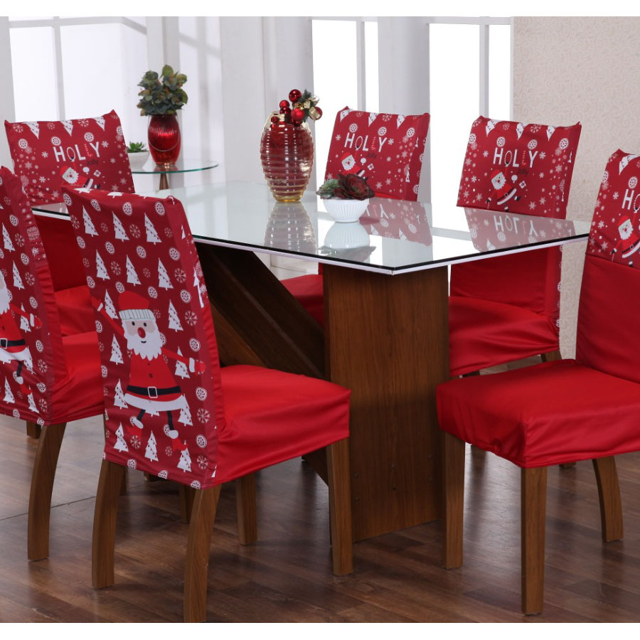 Kit 6 Capas de Cadeira para Mesa de Jantar Estampas Natalinas e de Ano Novo Ajustável