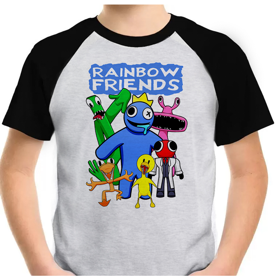 Camiseta Rainbow Friends Infantil - Raglan preta, azul, vermelha ou toda branca