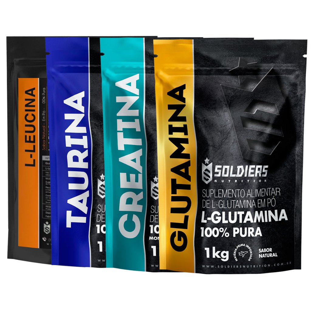 Kit: Glutamina 1Kg + Leucina 1Kg + Creatina Monohidratada 1Kg + Taurina 1Kg - 100% Puro Importado - Soldiers Nutrition