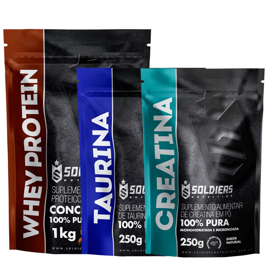 Kit: Whey Protein Concentrado 2Kg + Taurina 250g + Creatina Monohidratada 250g - 100% Importado - Soldiers Nutrition