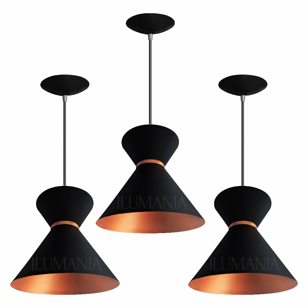 Luminaria Gourmet Modelo Luxo Kit 3 Textura Preto/ Cobre Para Sala Cozinha Bancada Cozinha Americana Aluminio Original