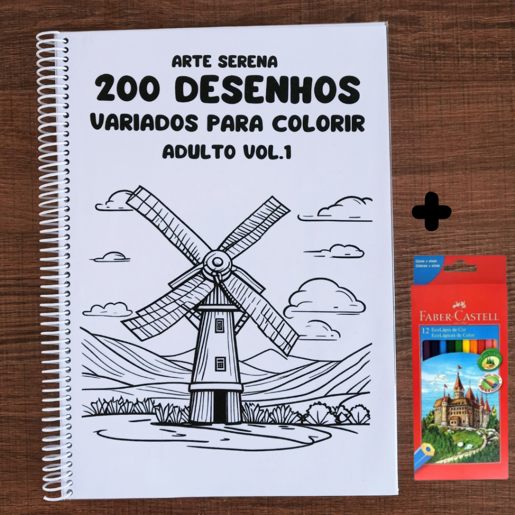 Caderno De Colorir com 200 Desenhos para Colorir Adulto + Lápis de Cor - Capa Dura - Em Folha A4 90g - Arte Serena