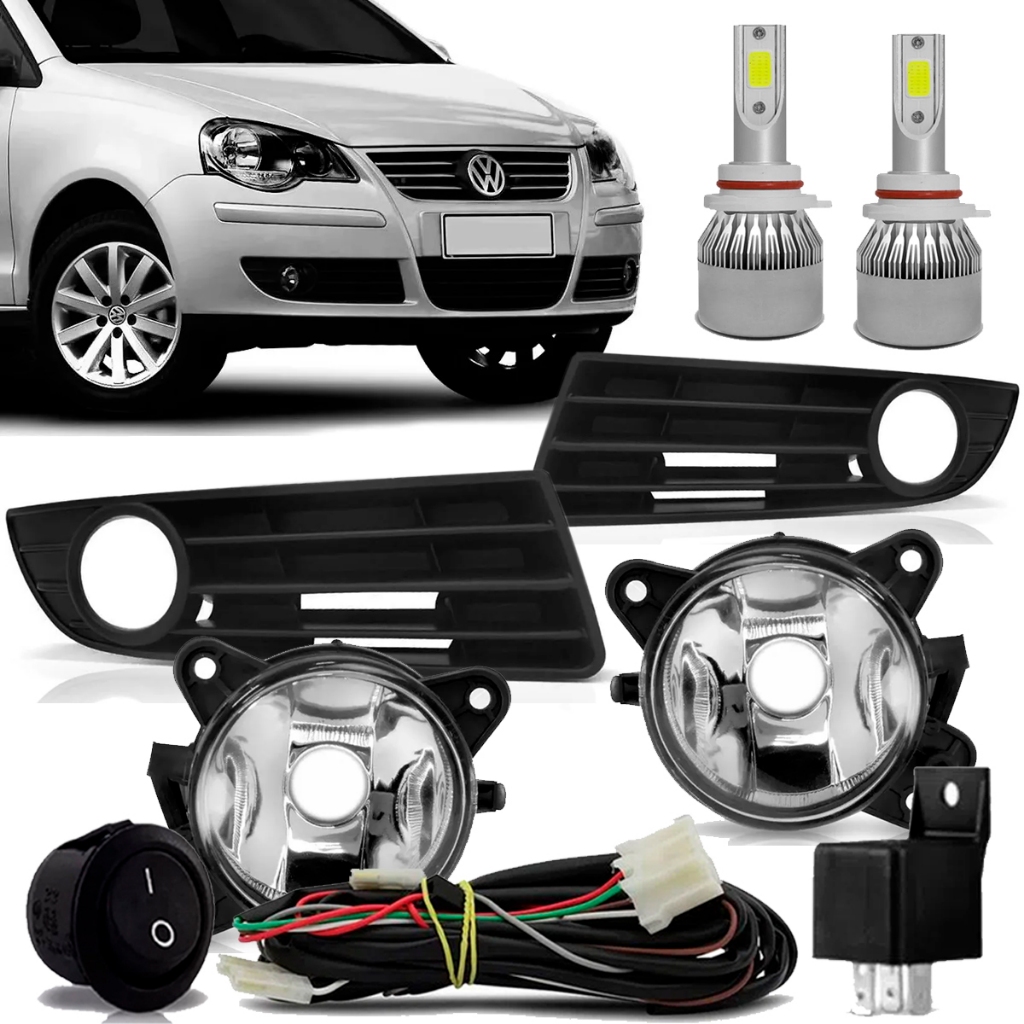 Kit Farol Milha Moldura Preta Polo 2007 2008 2009 2010 2011 C/ Super Led