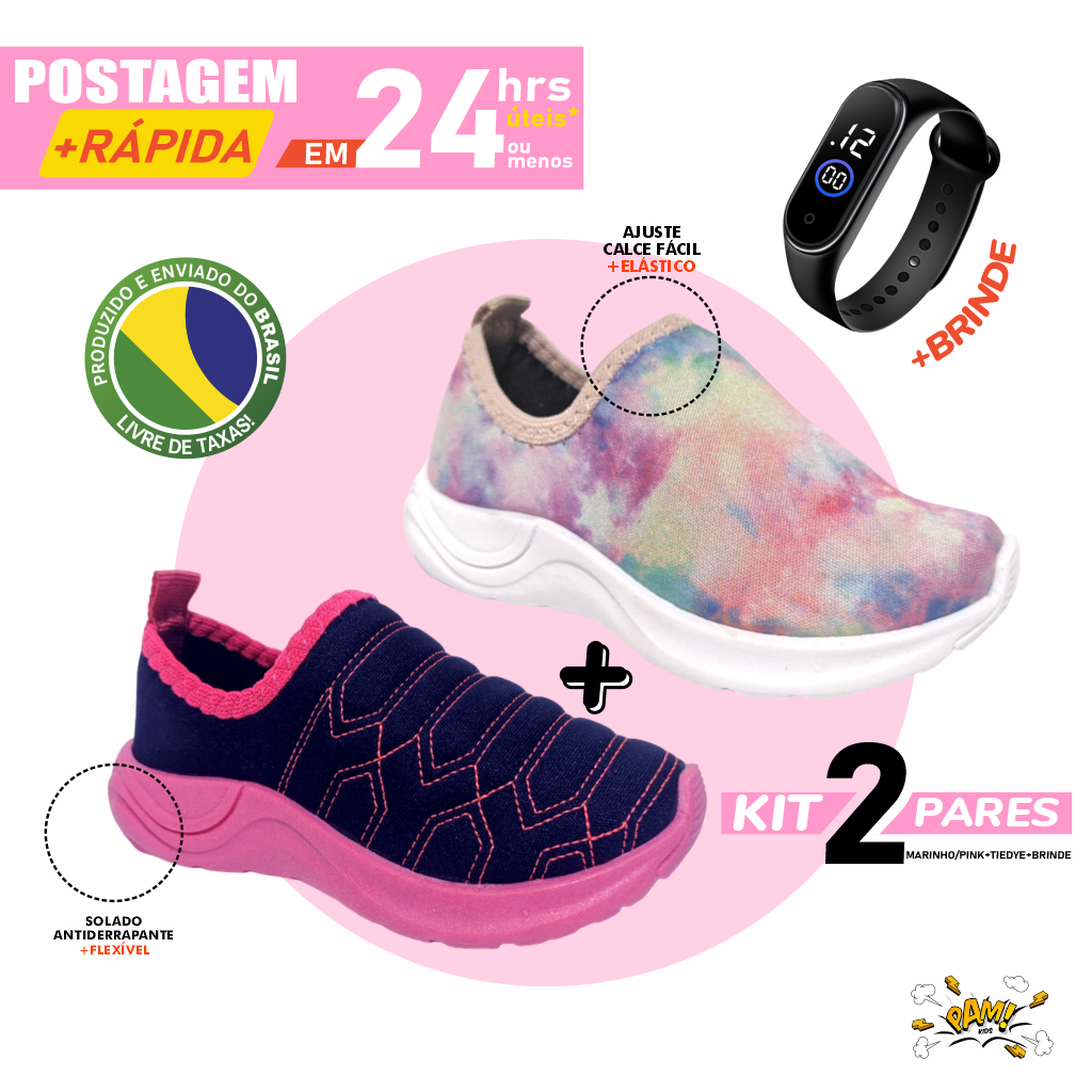 Calçado infantil menina feminino combo com dois pares tie dye pink bordado macio mais vendidos