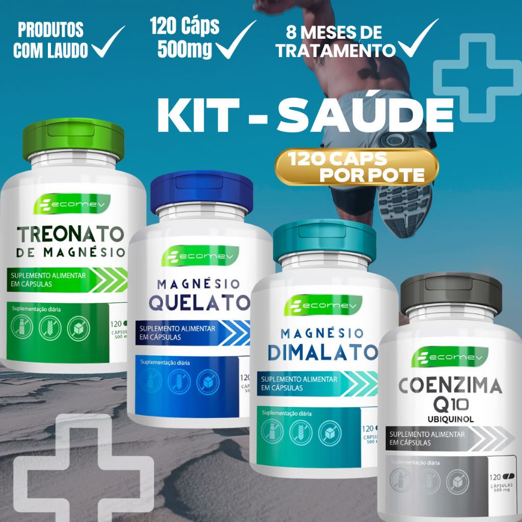 Kit Saude Magnesio Dimalato Treonato Quelato Coenzima Q10 Ubiquinol 500mg Puro Premium Ecomev em Oferta na Shopee