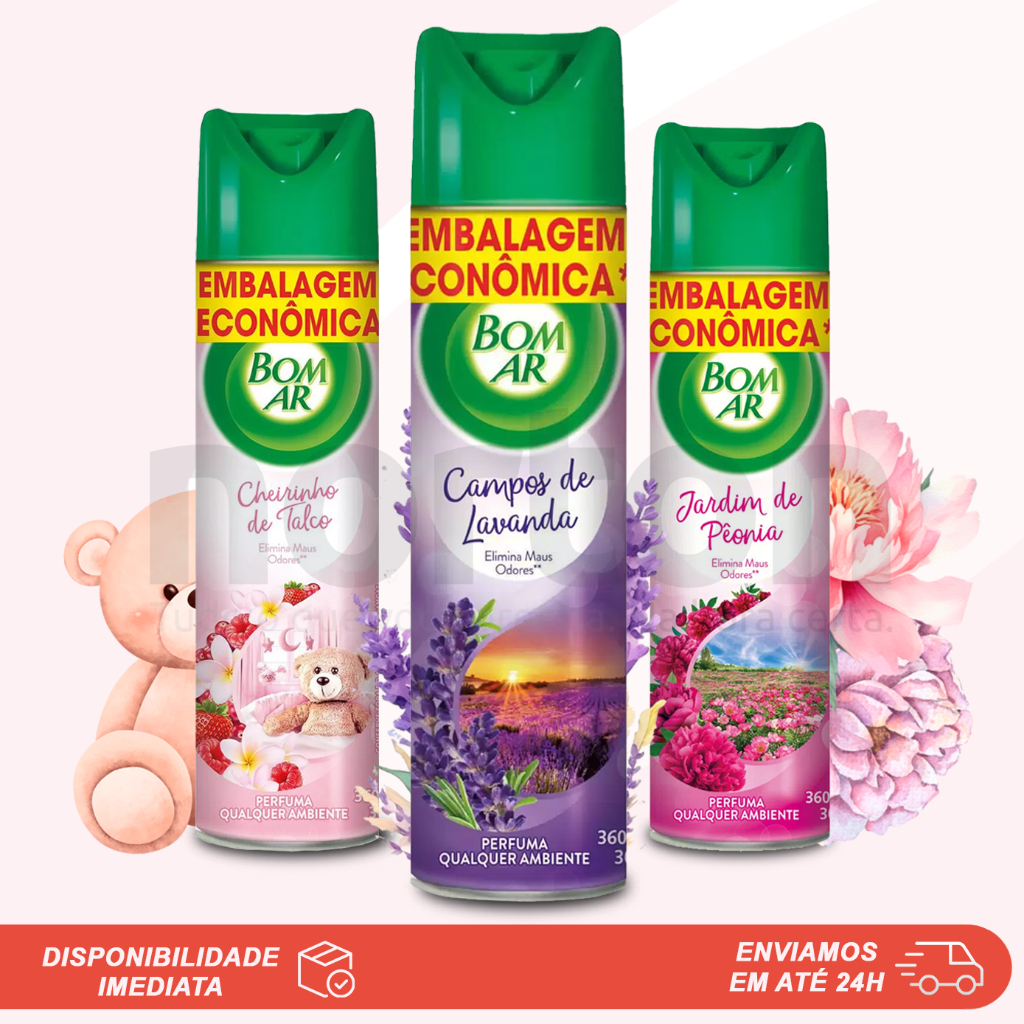 Bom Ar Spray Air Wick Original Aromatizante Ambientes Tira Neutraliza Cheiro Ruim Combate Maus Odores Fragâncias Lavanda Talco Jardim Peônia 360ml