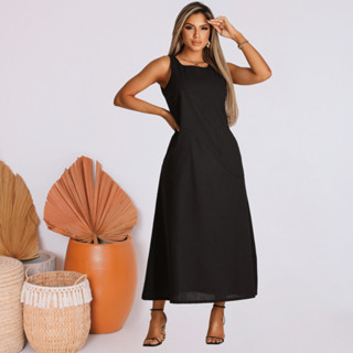 Vestido Casual Feminino Linho Liso Regata Soltinho Com Bolso