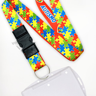 Kit Cordão Autismo Quebra Cabeça Vermelho Dupla Face com Porta Crachá
