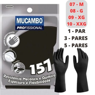 Luva De Borracha Reforçada Antiderrapante Preta C/ 1PAR/3PARES/5PARES Profissional Mucambo Preta