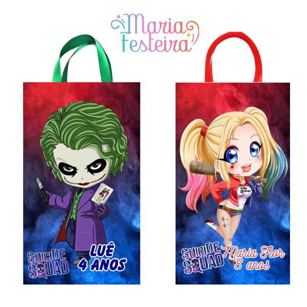 15 Sacolinhas Personalizadas Tema Arlequina e Coringa Tamanho 16x5x10 Cm
