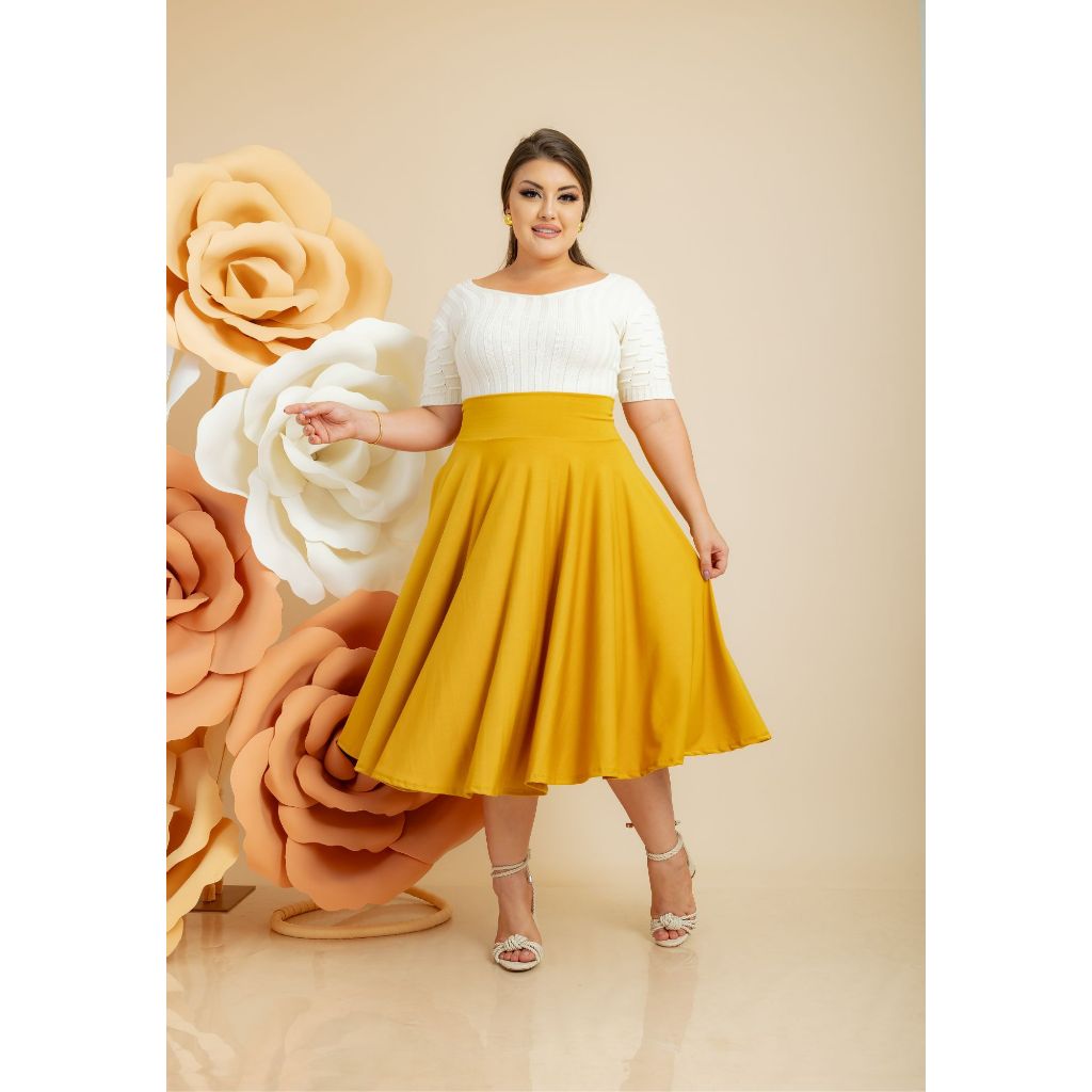Saia Midi Godê Mostarda 360º Moda Cristã Feminina