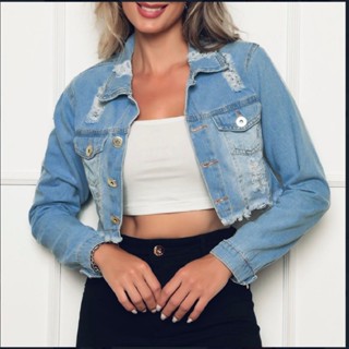 Jaqueta Jeans Destroyed cropped manga longa moda feminina nova