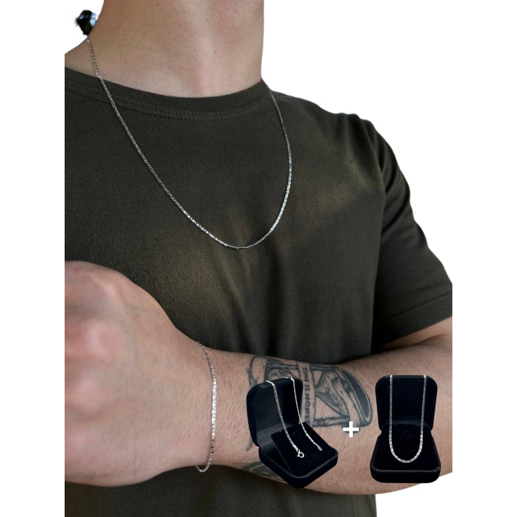 Kit Corrente 60 cm e Pulseira Piastrine Prata 925 - Fashion Accessories