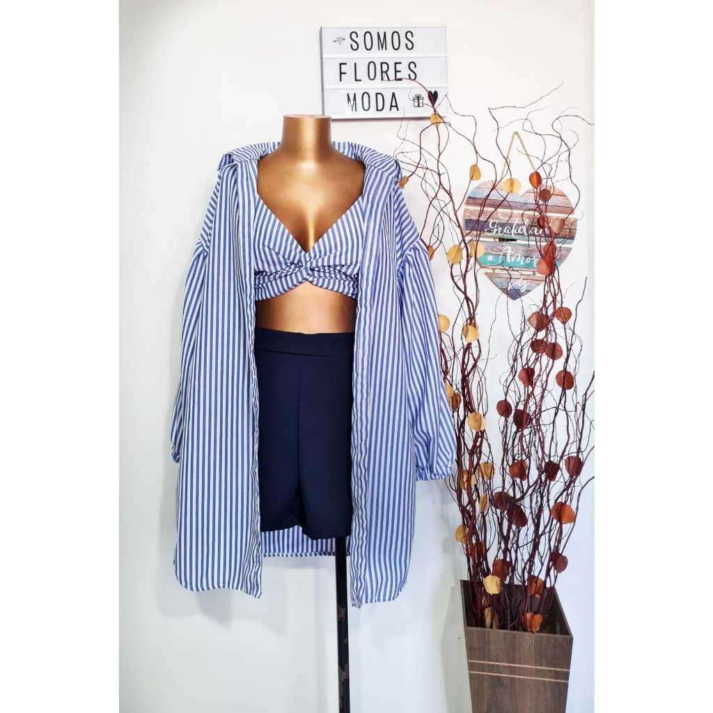 Conjunto Frésia listrado c/ top e camisa Oversized em tricoline - P ao G5