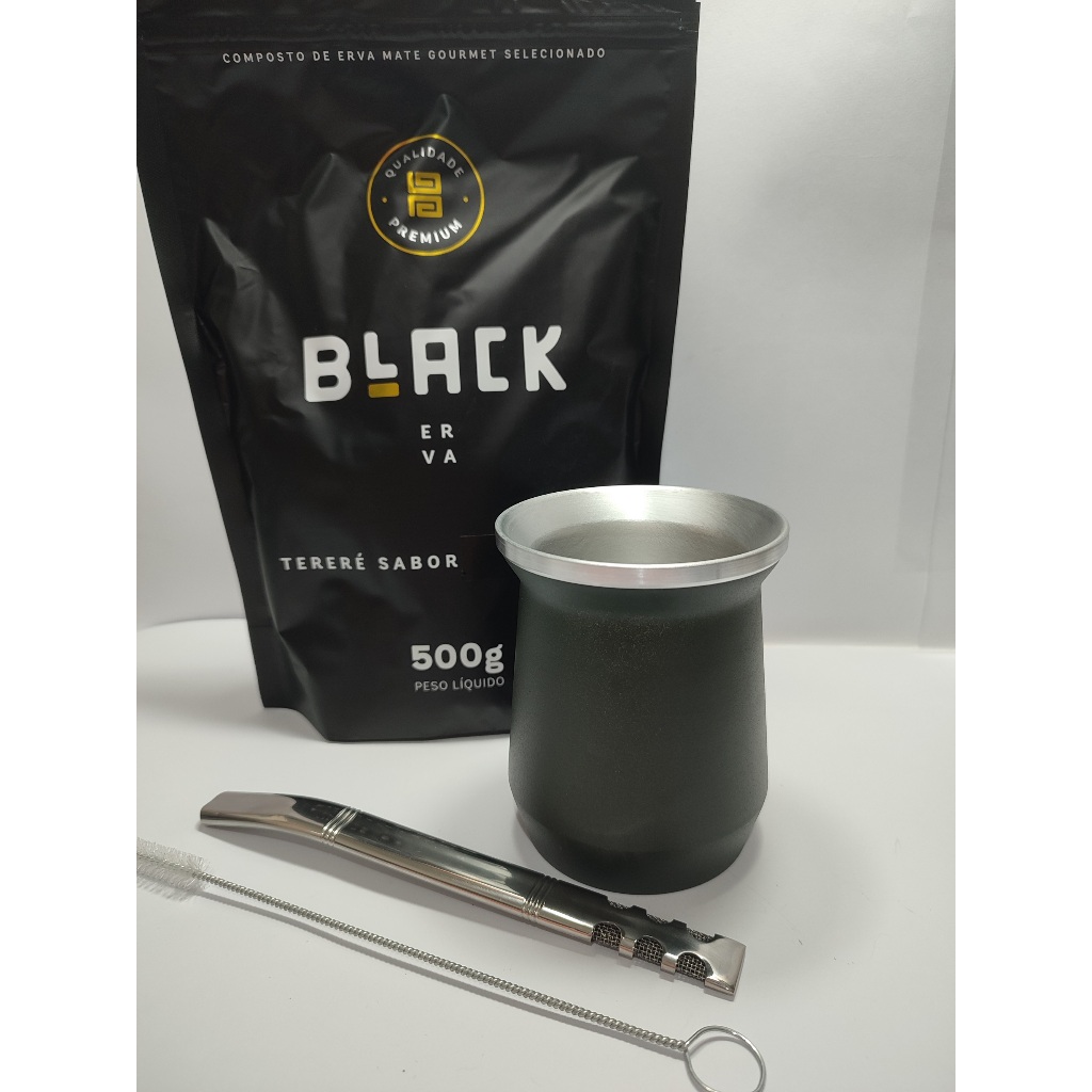 Kit de tereré : Copo Cuia Alumínio PRETO Dupla Camada Premium 300ml + Bomba V6 Telada Premium INOX POLIDO + Erva Black + Escovinha para Limpeza