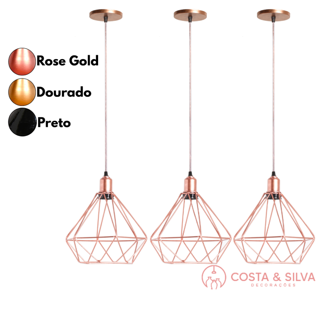 3 Pendente Lustre de Teto Luminária Diamante Aramado Estilo Industrial Cabo Cristal Rose Gold