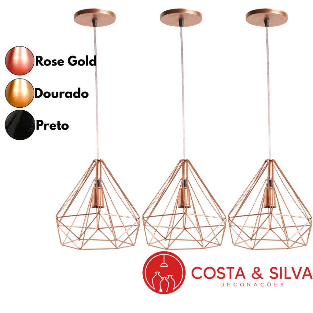 3 Pendente Lustre de Teto Luminária Diamante Aramado 3d Grande Estilo Industrial Cabo Cristal