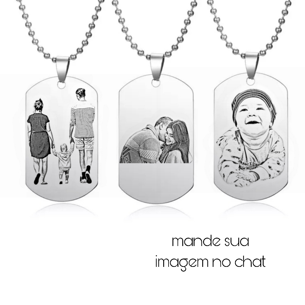 Colar Cordão Corrente Personalizado Dog Tag Masculino Aço Inoxidável Com foto Família, Casal bebe  Pet cachorro Gato