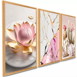 Quadros Rosas E Dourados Cactos Flor Lótus Feminino Abstrato