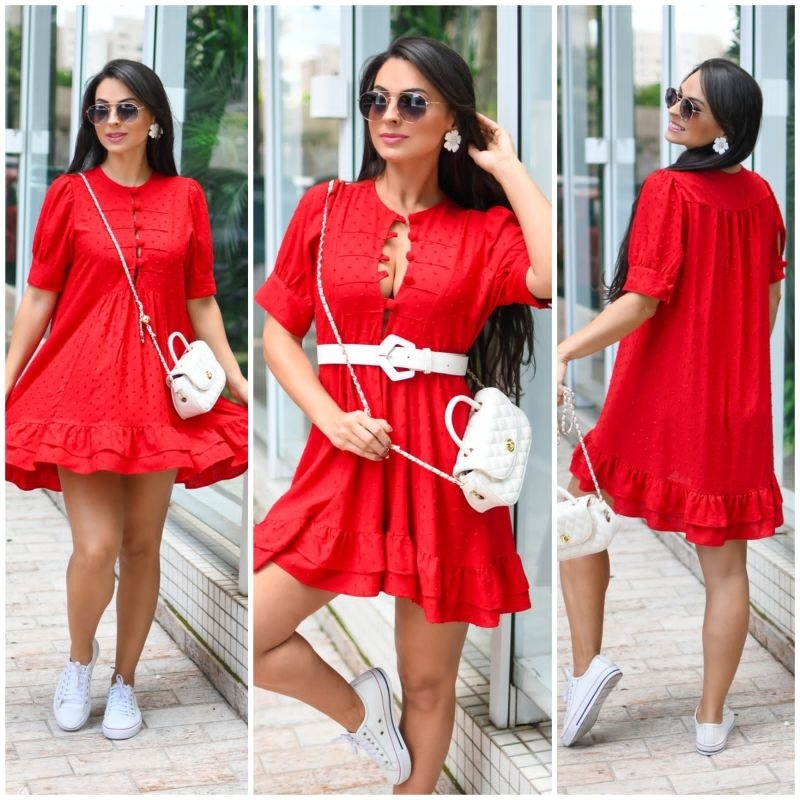 Vestido Bata Boneca Feminino Viscolinho Manga Curta Decote Botões Forrados