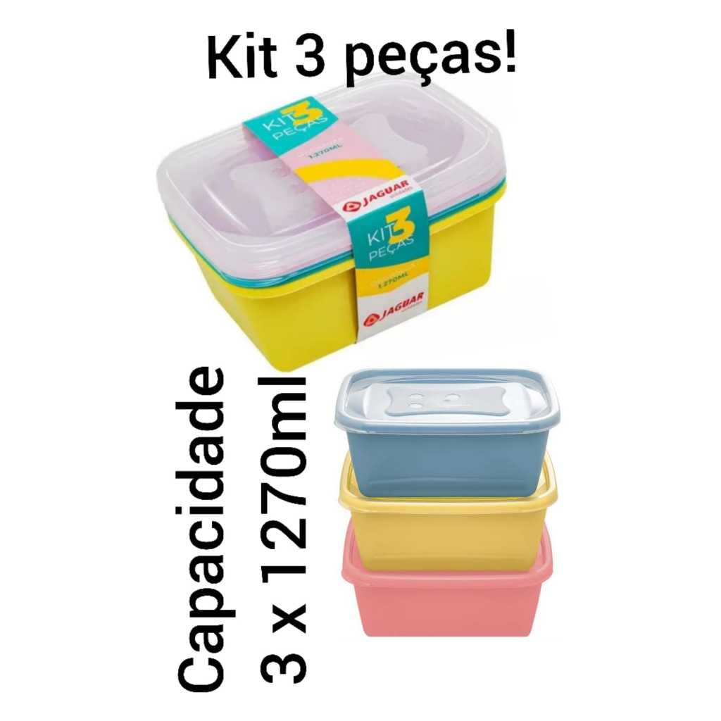 CONJUNTO KIT 3 PEÇAS 1270ML RETANGULAR ORGANIZADOR VERSÁTIL POTES VASILHAS PARA ARMAZENAMENTO DE ALIMENTOS - JAGUAR UTILIDADES