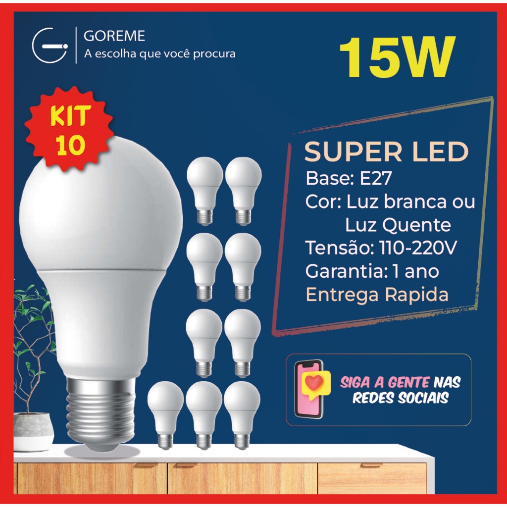 10 Lâmpada Led Bulbo 15w Branco Frio 6.500K (Luz Branca) | Branco Quente 3.200K (Luz Amarela) |  Bivolt E27 em Oferta na Shopee